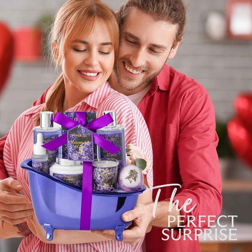 Birthday Gifts for Women, Luxury Home Spa Kit, 8pcs Lavender & Lilac Bath Gift Set, Gift Baskets for Women Unique with Bath Bombs, Sea Salt, Scented Candle, Body Lotion