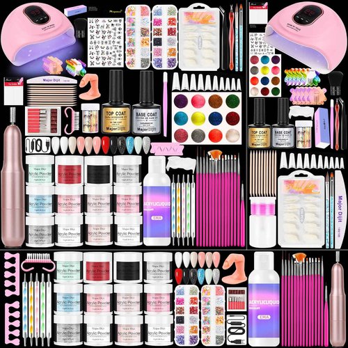 Major Dijit Acrylic Nail Kit with LED Lamp & Electric Drill - 12 Colors Acrylic Powder Monomer, Base/Top Coat, Tips/Glitter/Nail Charms | Nail Kit for Beginners with Everything