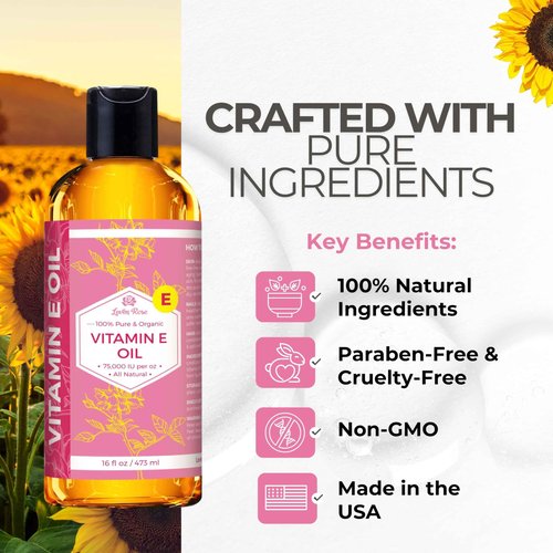 Bulk Vitamin E Oil by Leven Rose 75,000 IU per oz 100% Natural, Organic, Pure Vitamin E Oil for Skin, Face, Hair, and Nails, 16 oz