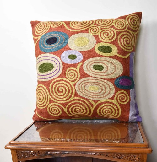 Kashmir Designs Klimt Rust Pillow Cover | Art Nouveau Bronze Pillows | Mid Century Modern Copper Pillowcase | Modern Chair Cushion | Modern Farmhouse Pillows | Hand Embroidered Wool Size 18x18