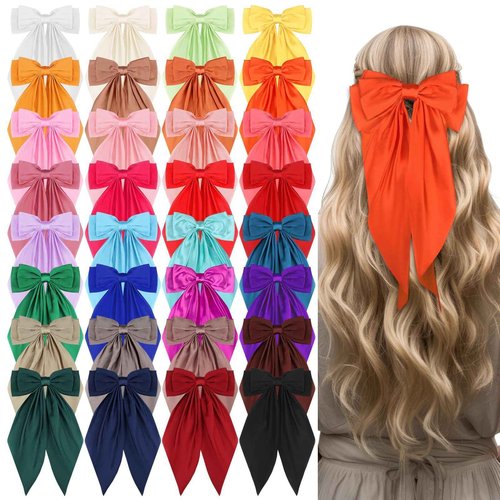 LIUBUJINGYING 32Pcs Satin Hair Bows Bulk Big Hair Bows for Women Large Hair Ribbons Silky Satin Oversized Hair Bows Long Tail Large Hair Barrettes Hair Cute Oversized Bow Hair Clips with Long Tails