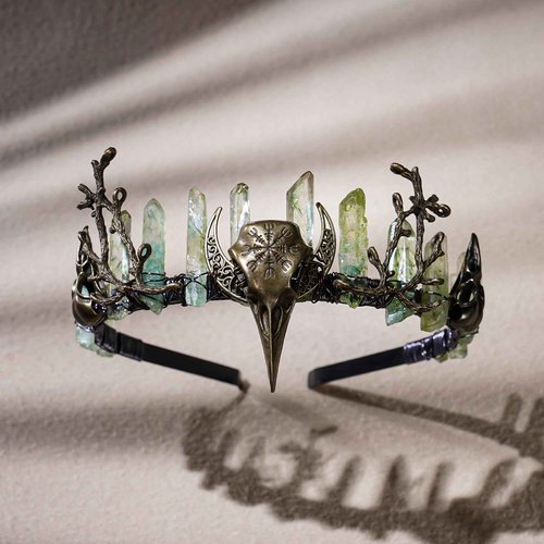 CoTeeZa Green Fairy Crystal Crown - Handmade Raw Quartz Tiara with Bronze Crow Branch Moon Elf Headpiece Fantasy Forest Witch Crown Wedding Renaissance Halloween Cosplay Woodland Headband