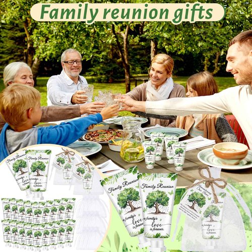 Dansib 60 Sets Family Reunion Favors Hand Lotion Cream Gifts Bulk Family Reunion Game Decorations with Card Organza Bags for Table Centerpieces Party Decor