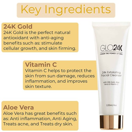 GLO24K Exfoliating Facial Cleanser & Night Cream with 24k Gold, Retinol, and Aloe Vera. Optimize your Daily Beauty Routine.