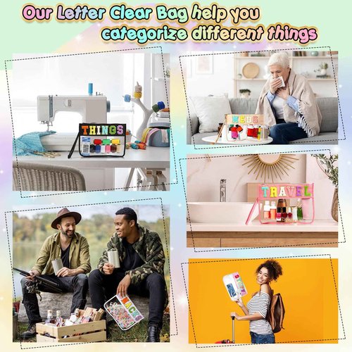 Abbylike 6 Pcs Chenille Letter Clear Zipper Pouch Summer Waterproof Cosmetic Pouch Travel Gym Beach Hawaii Bag Travel Patch Purse Makeup Letter Bag for Women Girls, 6 Colors(Charming Colors,Stylish)