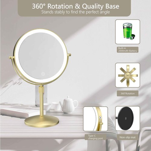 MIROAMZ 8" Lighted Makeup Mirror, 1X/10X Magnification, Double Sided Dimmable, Rechargeable & Height Adjustable, Cordless Vanity Mirror (Gold)