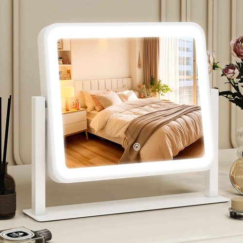 ROLOVE Vanity Mirror with Lights, 14"×12" LED Makeup Mirror, Lighted Makeup Mirror with Lights, Smart Touch Control 3 Colors Dimmable, Lighted Up Mirror for Makeup Desk, Bedroom, 360° Rotation
