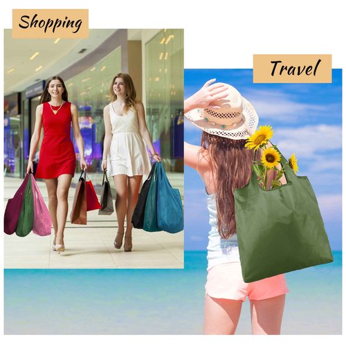 BeeGreen Colorful Kitchen Reusable Grocery Bags - Heavy Duty Foldable Polyester Shopping Bag With Handles, Bulk Travel Tote Bag with Pockets for Women Cloth Reusable Gift Bags