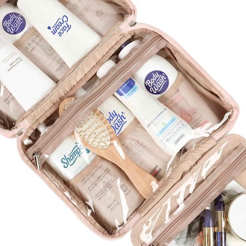 NISHEL Hanging Travel Toiletry Bag, Visible Makeup Organizer, Cosmetic Case for Journey Accessories, Bathroom Shower, Pink