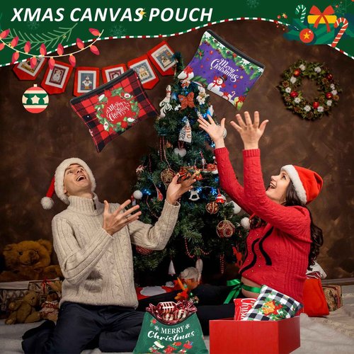 Kacctyen 16 Pcs Christmas Makeup Bag Gifts Bulk Cosmetic Bag with Zipper Santa Snowman Red and Green Travel Make up Pouch Portable Storage Pouch for Women Xmas Party Accessories(Christmas)