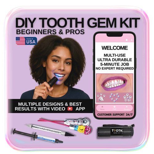 Tooth Gem Kit Professional for Beginners and Pros - Tooth Gems Video APP for Best Designs, Teeth Gems Kit with Glue and Light - Over 30 Gems & Shapes - Made in USA