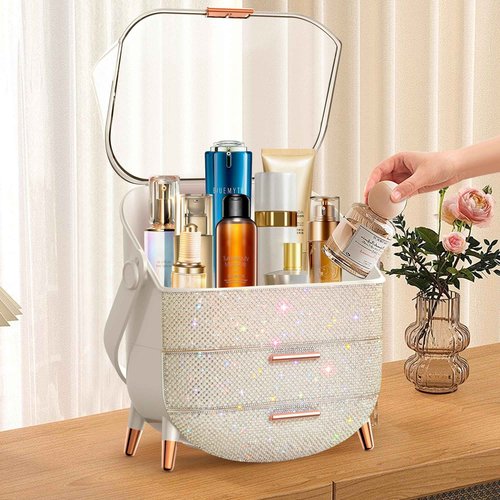 Ptesly Bling Makeup Organizer for Teen Girl Gift,Hollywood Vanity Makeup Storage Box for Girl Birthday Gift,Practical Gift for Daughter,Bathroom Organizer,Skincare Organizer (Rhinestone White)