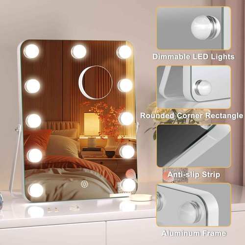 Hasipu LED Makeup Mirror with Bluetooth Speaker, 11" x 14" Hollywood Vanity Mirror with Lights, Rounded Rectangle White Frame, 3 Modes Light, Smart Touch Control Dimmable, 360°Rotation