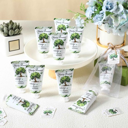 Dansib 60 Sets Family Reunion Favors Hand Lotion Cream Gifts Bulk Family Reunion Game Decorations with Card Organza Bags for Table Centerpieces Party Decor