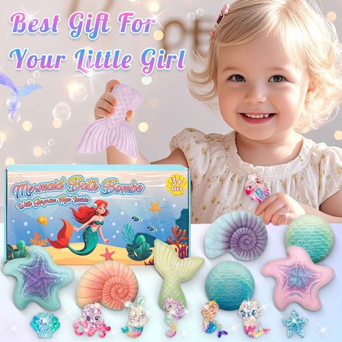 Mermaid Bath Bombs for Kids with Surprise Toys Inside, 8 Pcs Organic Natural Bubble Bath Bombs for Girls,Christmas Birthday Gift for 3 4 5 6 7 8 Year Old Girl,Princess Bath Bomb Kit with Mermaid Toys