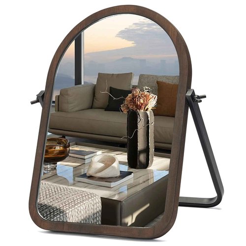 Geloo Vintage Table Desk Mirror-Brown Wood Framed Standing Mirror 360 Degree Adjustable Swivel for Tabletop, Countertop, Bedroom,Bathroom,Living Room 11.8'' x 7.8'', Arched