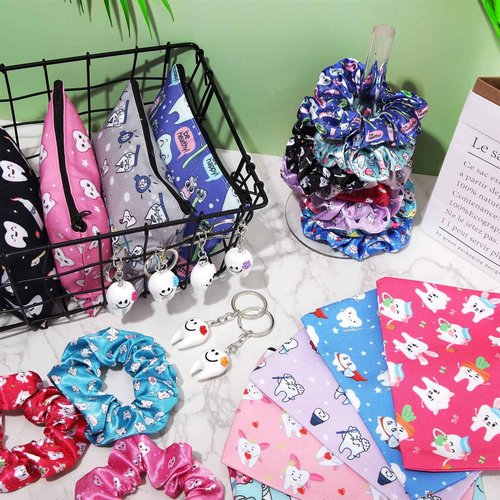 Potchen 36 Pcs Dental Hygienist Gifts - Makeup Bags, Hair Scrunchies, Tooth-Shaped Key Chains, Hair Holder for Women and Dental Assistants