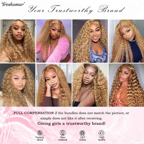 Troskamar Blonde Deep Wave Human Hair Bundles 12A #27 Colored Deep Curly Human Hair 3 Bundles 18 20 22 Inch Honey Blonde Wet and Wavy Bundle for Black Women