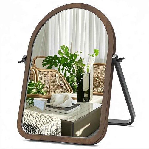 VVK Vintage Table Desk Mirror-Brown Wood Framed Standing Mirror 360 Degree Adjustable Swivel for Tabletop, Countertop, Bedroom,Bathroom,Living Room 11.8'' x 7.8'', Arched