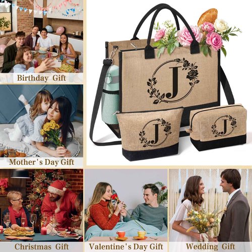 Personalized Gifts for Women, Initial Jute Tote Bag Beach Bag Makeup Bag, Monogrammed Birthday Gifts Tote Bag for Mom Women Her