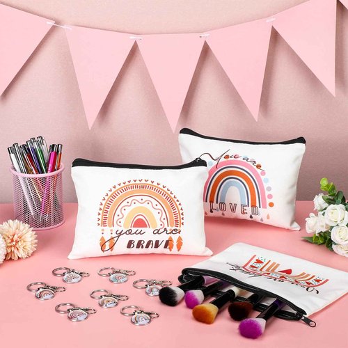 Chunful 36 Pcs Rainbow Canvas Makeup Bags Inspirational Gifts Bulk Keychains and Pastel Pens Motivational Cosmetic Bag for Women Appreciation Gifts Birthday Party Favors