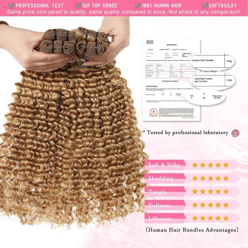 Troskamar Blonde Deep Wave Human Hair Bundles 12A #27 Colored Deep Curly Human Hair 3 Bundles 18 20 22 Inch Honey Blonde Wet and Wavy Bundle for Black Women
