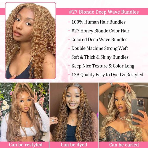 Troskamar Blonde Deep Wave Human Hair Bundles 12A #27 Colored Deep Curly Human Hair 3 Bundles 18 20 22 Inch Honey Blonde Wet and Wavy Bundle for Black Women
