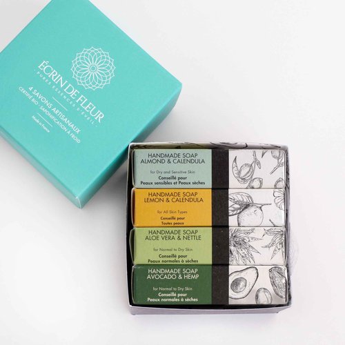 ÉCRIN DE FLEUR - Hand crafted Organic Soap 4-pack (Aloe Vera & Nettle 3.2 oz, Avocado & Hemp 3.2 oz, Almond & Calendula 3.2 oz, Lemon & Calendula Flowers3.2 oz)