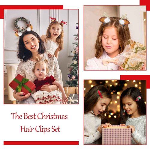 Yuxung 35 Pcs Christmas Hair Clips Reindeer Antlers Mini Sequins Santa Hat Hair Barrettes Holiday Small Jewelry Candy Bags Christmas Organza Gift Bags with Drawstring for Women Girls Party Wedding