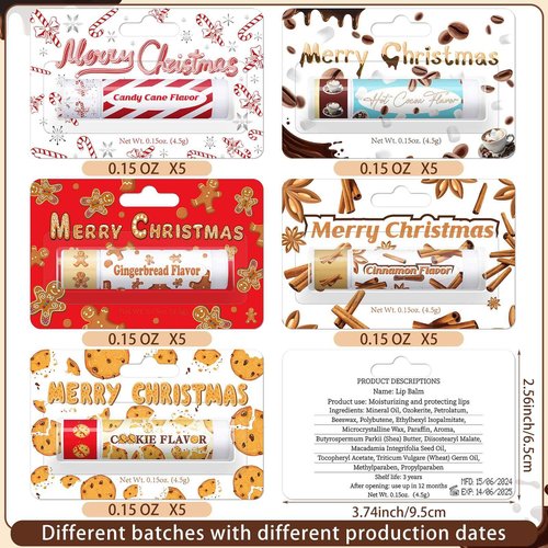 Sacubee 25 Pcs Christmas Peppermint Candy Flavor Lip Balms Bulk Peppermint Candy Gingerbread Hot Cocoa Cookie Cinnamon Flavor Lip Balms Christmas Party Gifts Stocking Stuffers for Employee Staff