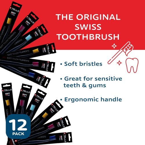 TELLO 4920 Adult Soft Toothbrush for Gentle Cleaning with Ergonomic Handle, Made in Switzerland, Colors Vary, 12-Pack