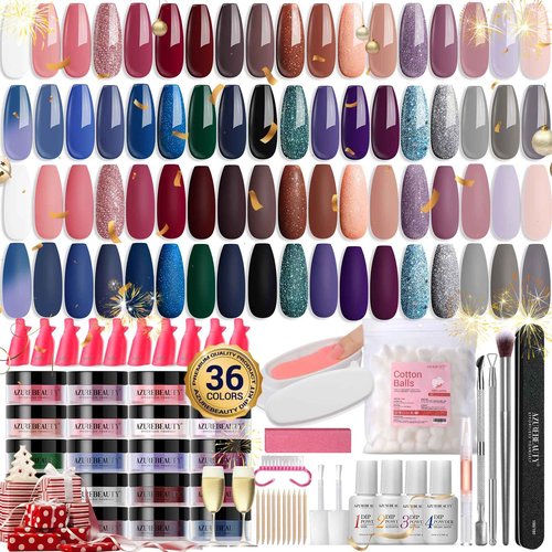 170Pcs Dip Powder Nail Kit, AZUREBEAUTY 36 Colors Brown Purple Christmas New Year Winter Dip Nail Powder Starter Set with Essential Liquid and Removal Accessories Set for French Nail Manicure Salon
