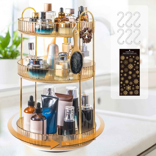 Megapuxin Makeup Organizer for Vanity,360° Rotating Large Skincare Make Up Storage Perfume Organizers Cosmetic Dresser Organizer Countertop Organizer with Extra Hooks DIY Stickers for Bathroom