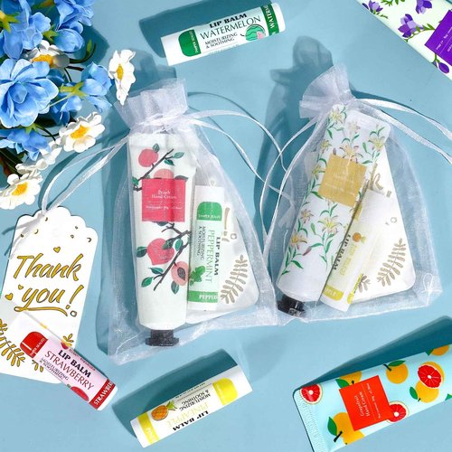 AZEN 100 Sets Bulk Gifts, Hand Cream and Lip Balm Bulk Set with Organza Bag Thank You Card, Baby Shower Wedding Gifts for Guests, Bridal Wedding Favors for Guests, Thank You Gifts for Women