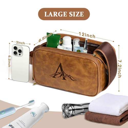 Janhavi Personalized Toiletry Bag for Men, Beach Vacation Travel Essentials, Waterproof Toiletry Bag with Hook, Laser Engraved Initials & Mountain, Birthday Gifts For Him (Brown B)