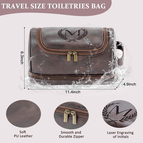 Aganmi Personalized Christmas Birthday Gifts Toiletry Bag for Men Dad Husband, Custom Initial PU Leather Waterproof Toiletry Organizer Dopp Kit Shaving Bag Travel Essential for Men, Dark Brown J