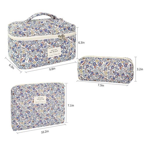 3Pcs Makeup Bag Cotton Quilted Travel Cosmetic Bag Cute Floral Makeup Pouch Large Toiletry Bag for Women Girls