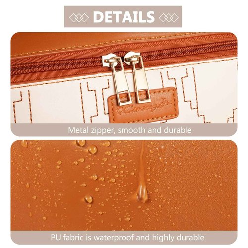 Brown PU Leather Travel Makeup Bag with Dividers,Handle, and Wipe-clean Brush Compartment, Waterproof Large Checkered Travel Cosmetic Bag, Portable Open Flat Toiletry Bag for Women,Brown