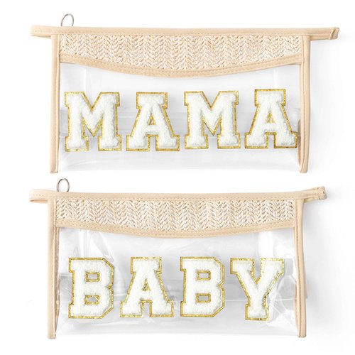 Belanttega Boho Patch Cosmetic Bag, Mother's Day MAMA BABY Chenille Varsity Letter Travel Toiletry Makeup Bag Summer Beige Clear Waterproof Makeup Pouch PVC Zipper Clutch Daily Use Purse for Mom Women