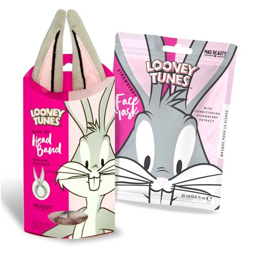 MAD BEAUTY, Warner Bugs Bunny Looney Tunes Headband, Keeps Hair Neatly Tucked Away Out of Face, Strawberry Face Mask, Revitalize Skin for a Glowing Look, Great Gift, Value Pack