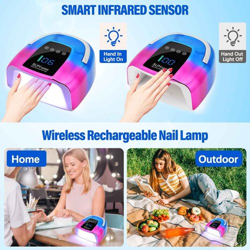 UV LED Nail Lamp Dryers Cordless 128W Portable Rechargeable UV Light for Gel Nails Polish Kit,Fast Curing Wireless Builder Gel Lamp with Sensor 3 Timer LCD Display 48 LED,Manicure Pedicure Art Tools