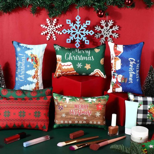 Kacctyen 16 Pcs Christmas Makeup Bag Gifts Bulk Cosmetic Bag with Zipper Santa Snowman Red and Green Travel Make up Pouch Portable Storage Pouch for Women Xmas Party Accessories(Christmas)