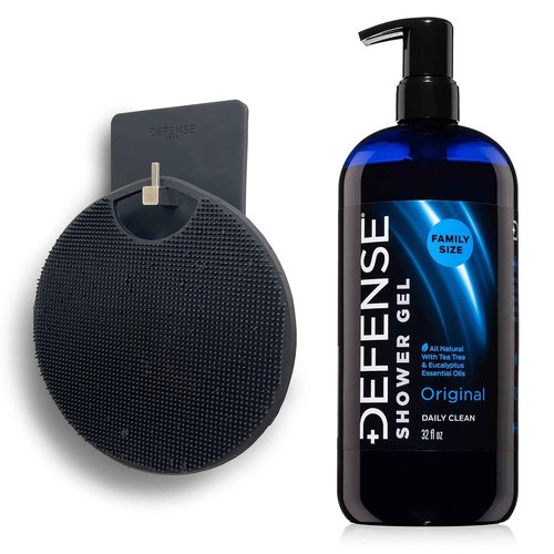 Defense Soap Body Wash 32 oz with Tea Tree, Eucalyptus, Rosemary & Aloe + Silicone Body Scrubber & Shower Hook | Complete Cleansing & Exfoliation Set for Athletes, Families, and Active Lifestyles
