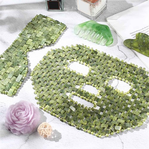 Demissle 4 Pcs Jade Eye Mask Jade Stone Facial Mask Scrap Massage Tool Hair Comb Facial Eye Cooling Stone Massage Tools for Puffy Eyes Dark Circles Gift(Dark Green)