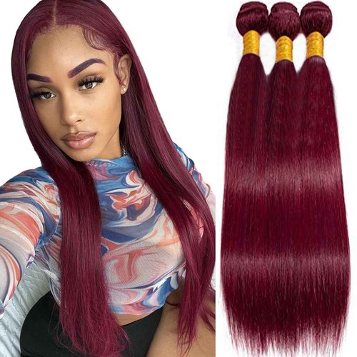 Peenoll Bundles Human Hair 18 20 22 Inch Straight Wave Human Hair Bundles Brazilian Burgundy 99J 12A Unprocessed Brazilian Virgin Quick Weave for Black Women