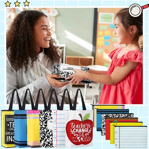 Paterr 12 Pcs Teacher Appreciation Gift Bulk 6 Pcs Canvas Tote Bag and Makeup Bag Thank You Present Bulk for Women Employee Coworker Office Supplies