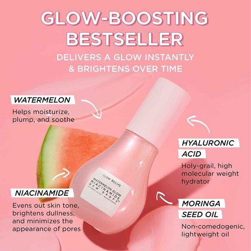 Glow Recipe Watermelon Glow Niacinamide Dew Drops Serum (15 ml) + PHA + BHA Pore Tight Facial Toner (40 ml) + Plum Plump Hyaluronic Cream (20 ml) - Vegan Skin Care for Glowing Skin