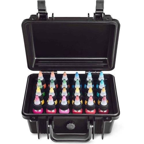 Holder Ink® Tattoo Ink Travel Case for 1oz tattoo ink bottle sizes. Carrying solution that allows you to pack your essential kit of tattoo inks. Capacity for 24 ink bottles. Pressurized valve included