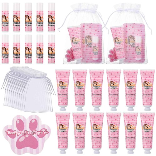 Heigble 30 Sets Vet Tech Gifts Hand Cream and Lip Balm Bulk Set for Veterinary Technologist Nurse with Organza Bag Thank You Tag, Vet Tech Week, Christmas, Thanksgiving Small Gifts