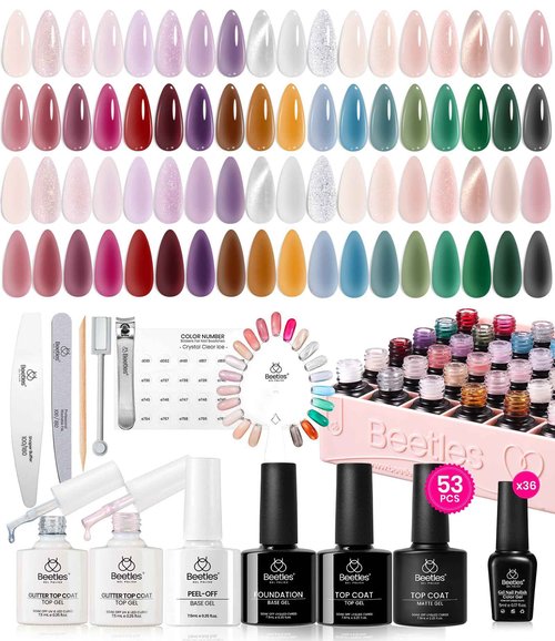 Beetles Jelly Gel Nail Polish Set, 53PCS 36 Colors Jelly Pink Milky White Red Black Blue Green Silver Cat Eye Base Glitter Glossy Matte Top Coat Crystal Ice Collection French Nails Gift for Women